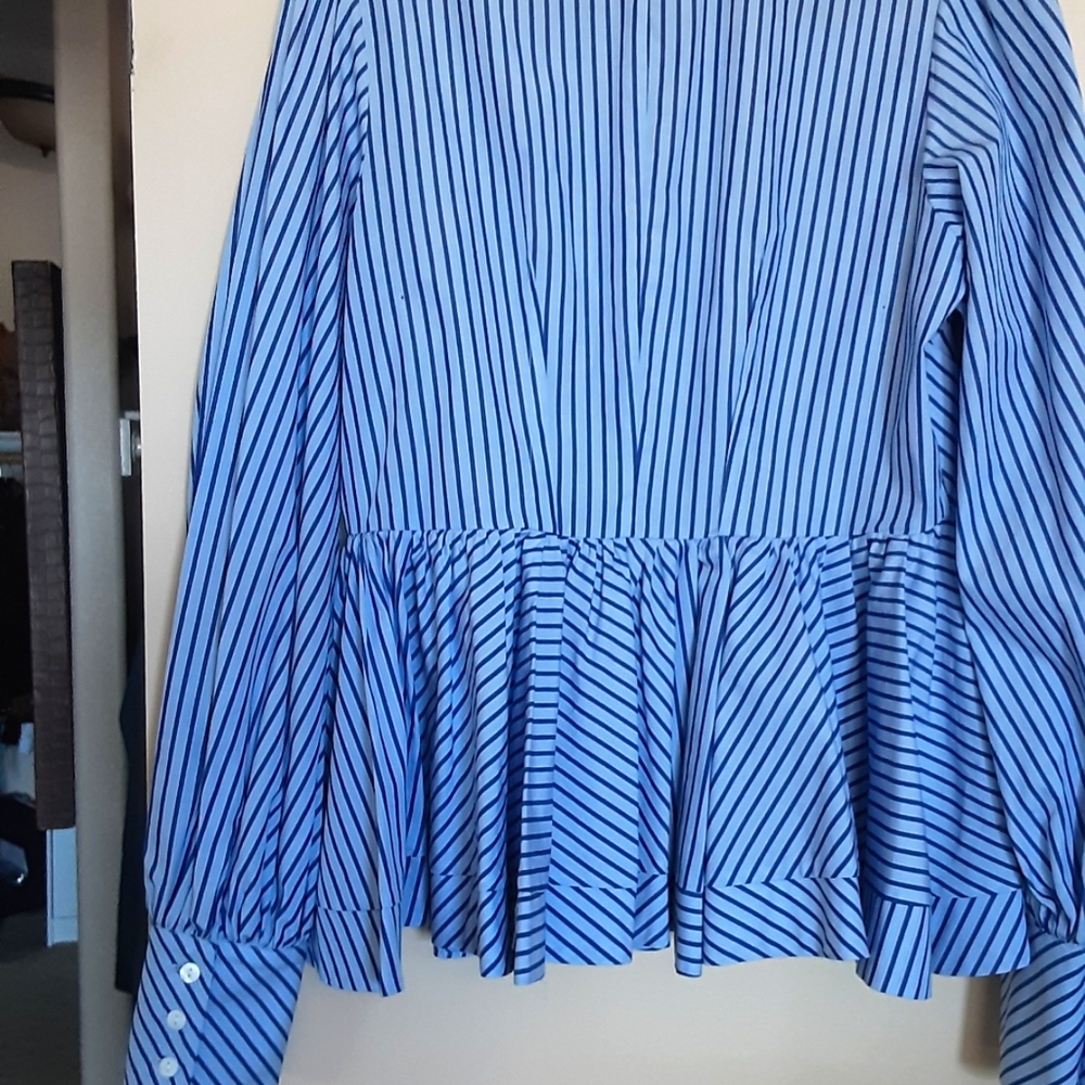 Petersyn Blue Striped Peplum Blouse with French Cuffs